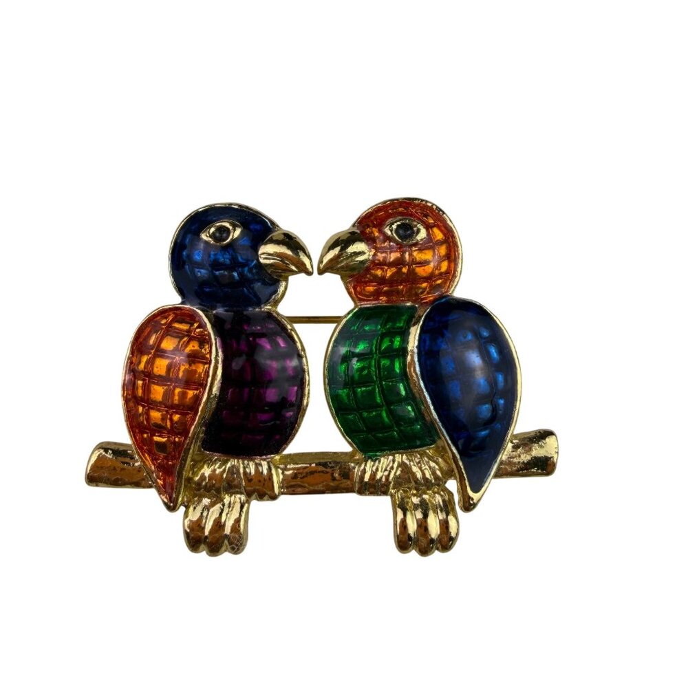 Vintage Gold Tone Multicolor Enamel Love Birds Brooch Pin Art Nouveau Style